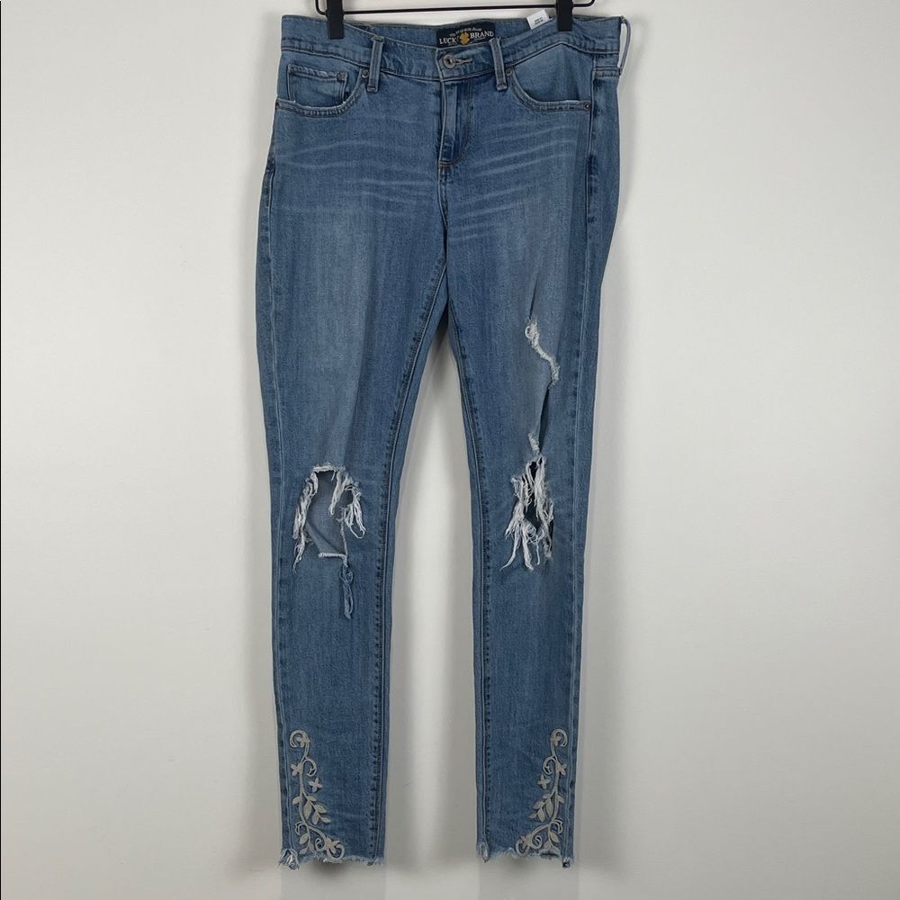 Lucky Brand Blue Distressed Embroidered Jeans Women’s 6 Charlie Skinny Floral